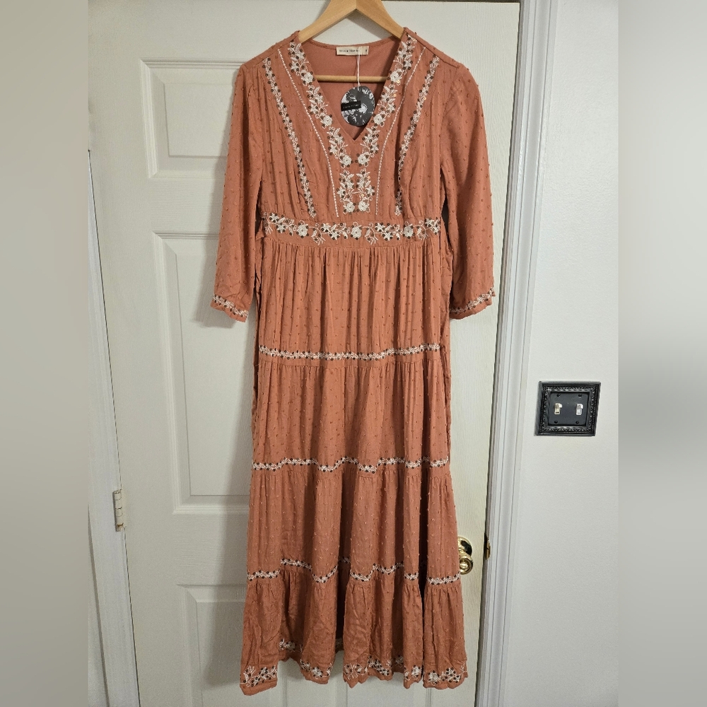 Stevie Hender Rusty Pink  Bohemian Maxi Dress with Lace Trim NWT size medium